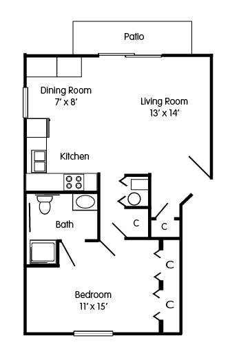 the floor plan of a bedroom apartment with a dining room and a living room